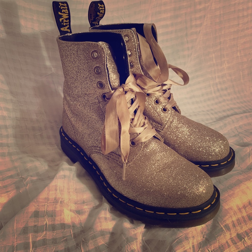 Dr. Martens Women's Silver Glitter Lace-Up Boots with Satin Laces